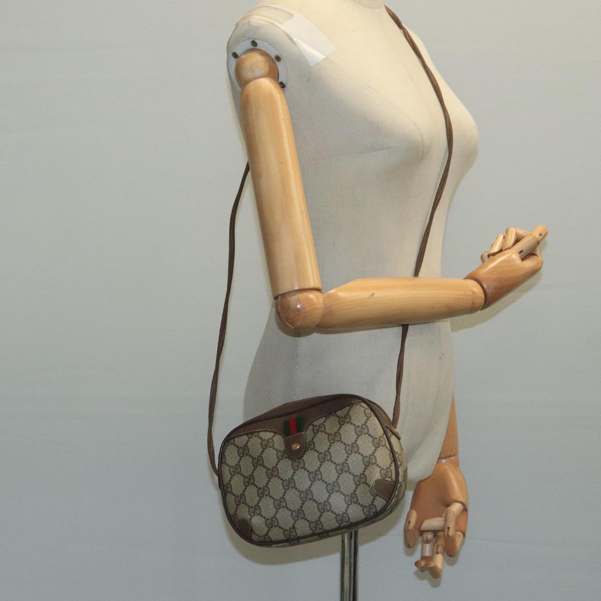GUCCI Web Sherry Line GG Supreme Shoulder Bag PVC Beige 89 02 066 Auth 105476