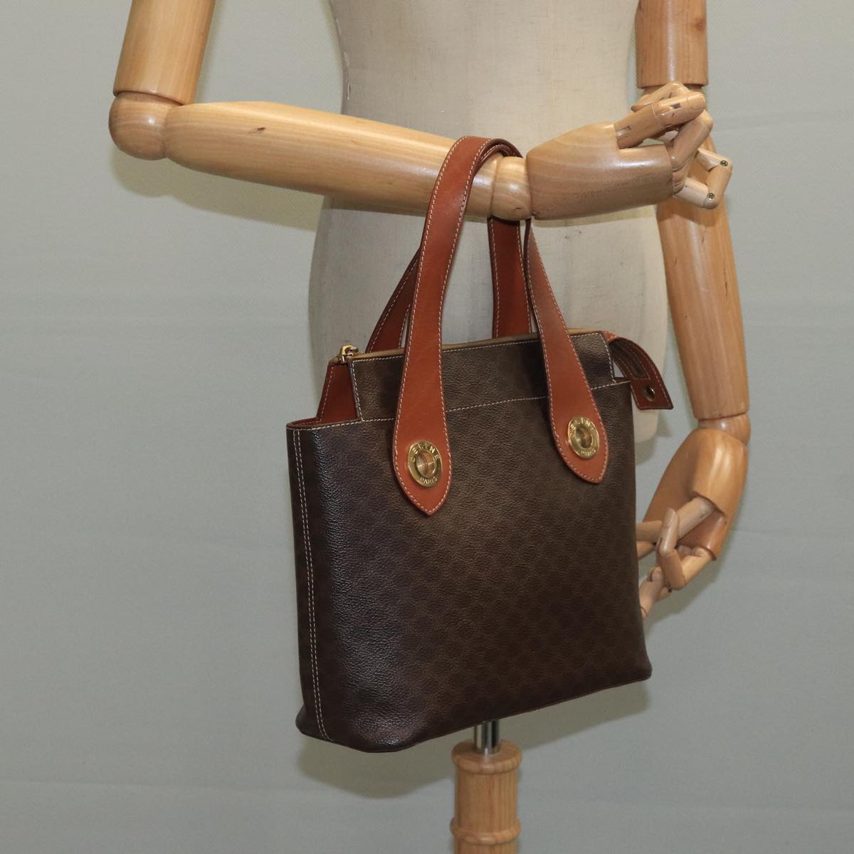 CELINE Macadam Canvas Hand Bag PVC Leather Brown Gold Auth 105491