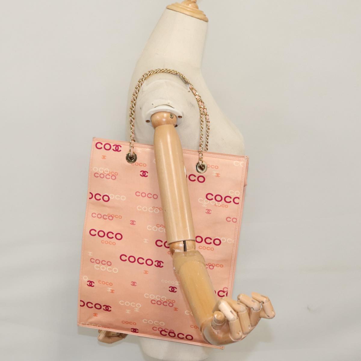 CHANEL Chain COCO Tote Bag Canvas Pink Gold CC Auth 105536