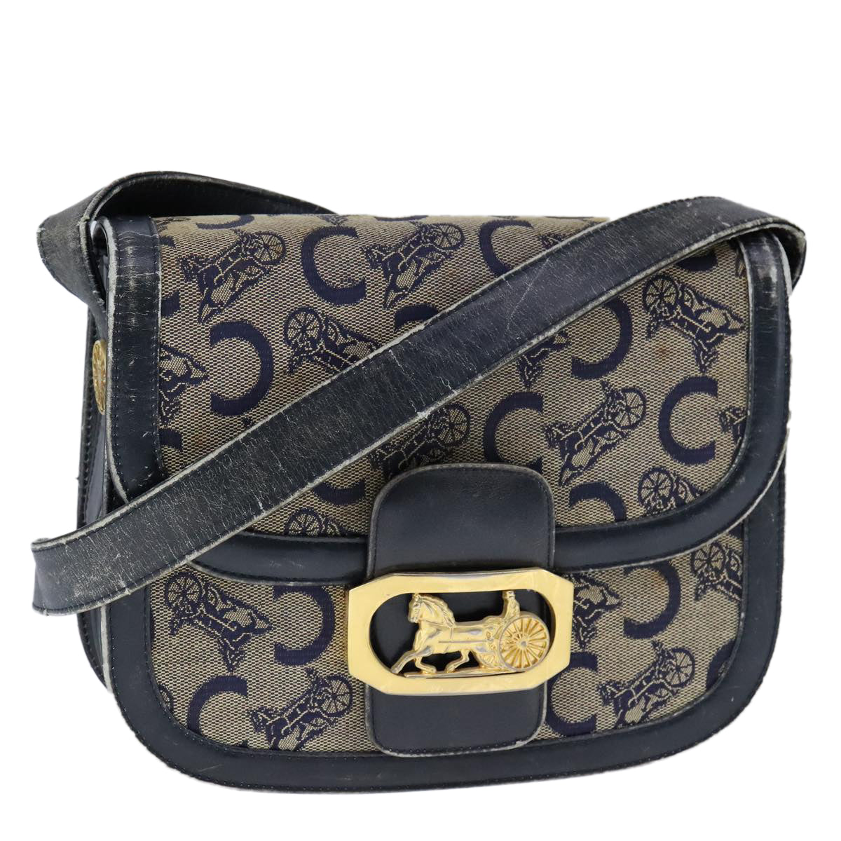 CELINE C Sulky Shoulder Bag Canvas Leather Navy Auth 105626