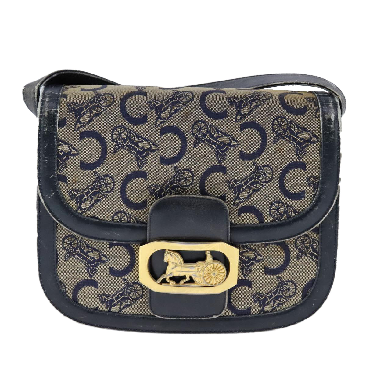 CELINE C Sulky Shoulder Bag Canvas Leather Navy Auth 105626