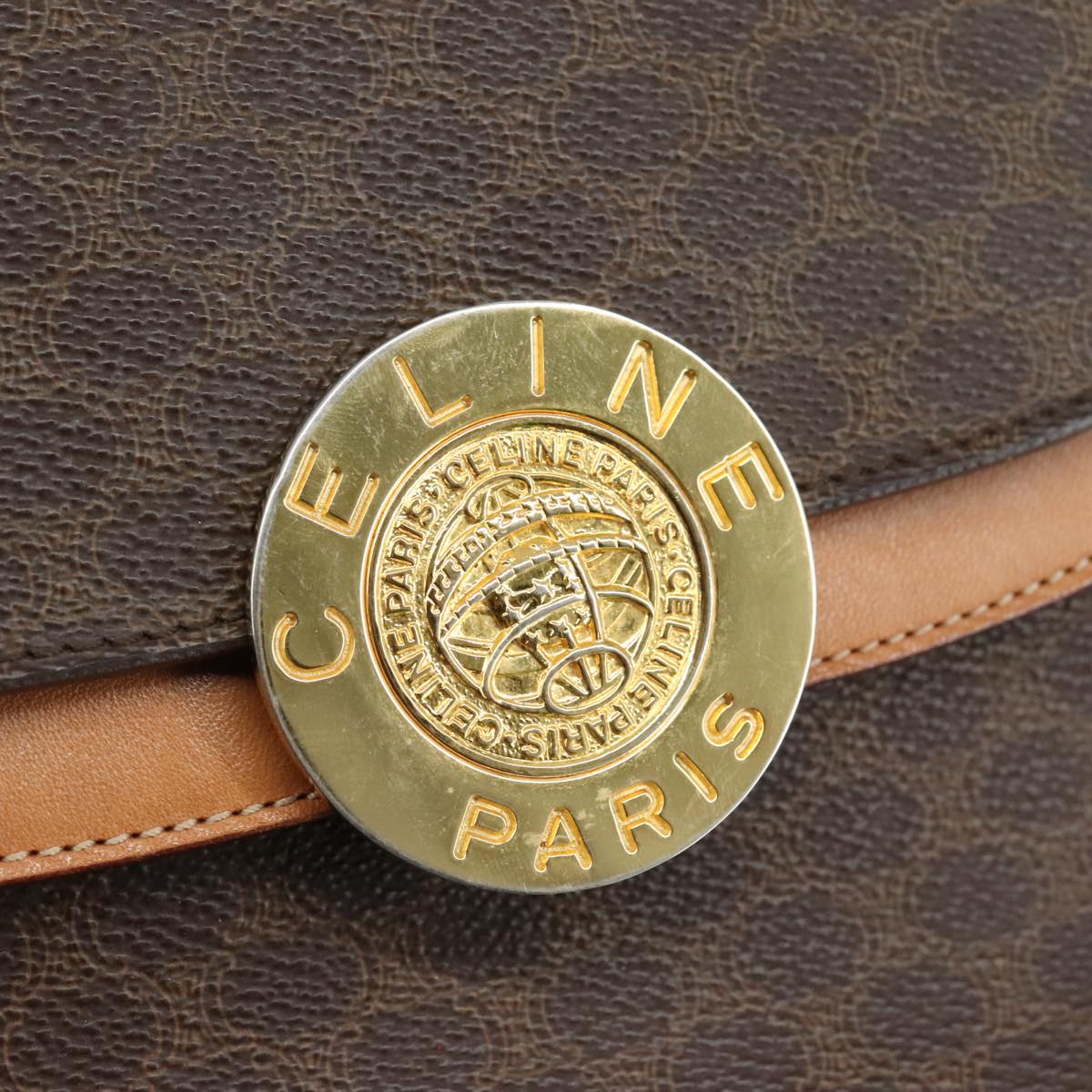 CELINE Macadam Canvas Hand Bag PVC Leather Brown Gold Auth 105628V