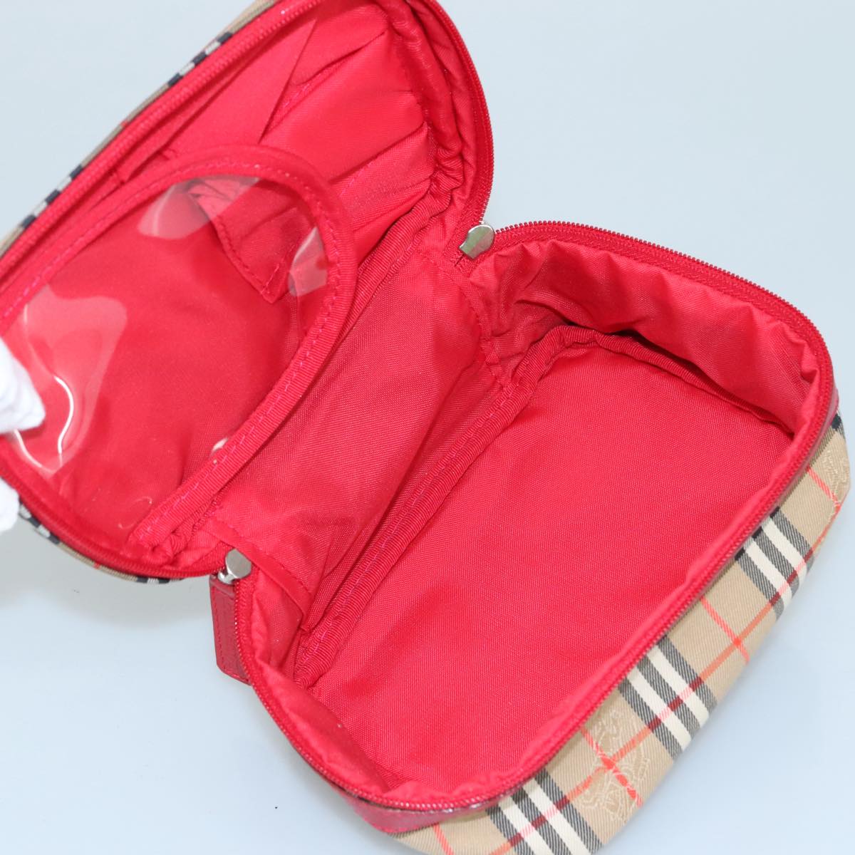 Burberrys Nova Check Hand Bag Canvas Leather Beige Red Silver Auth 105641V