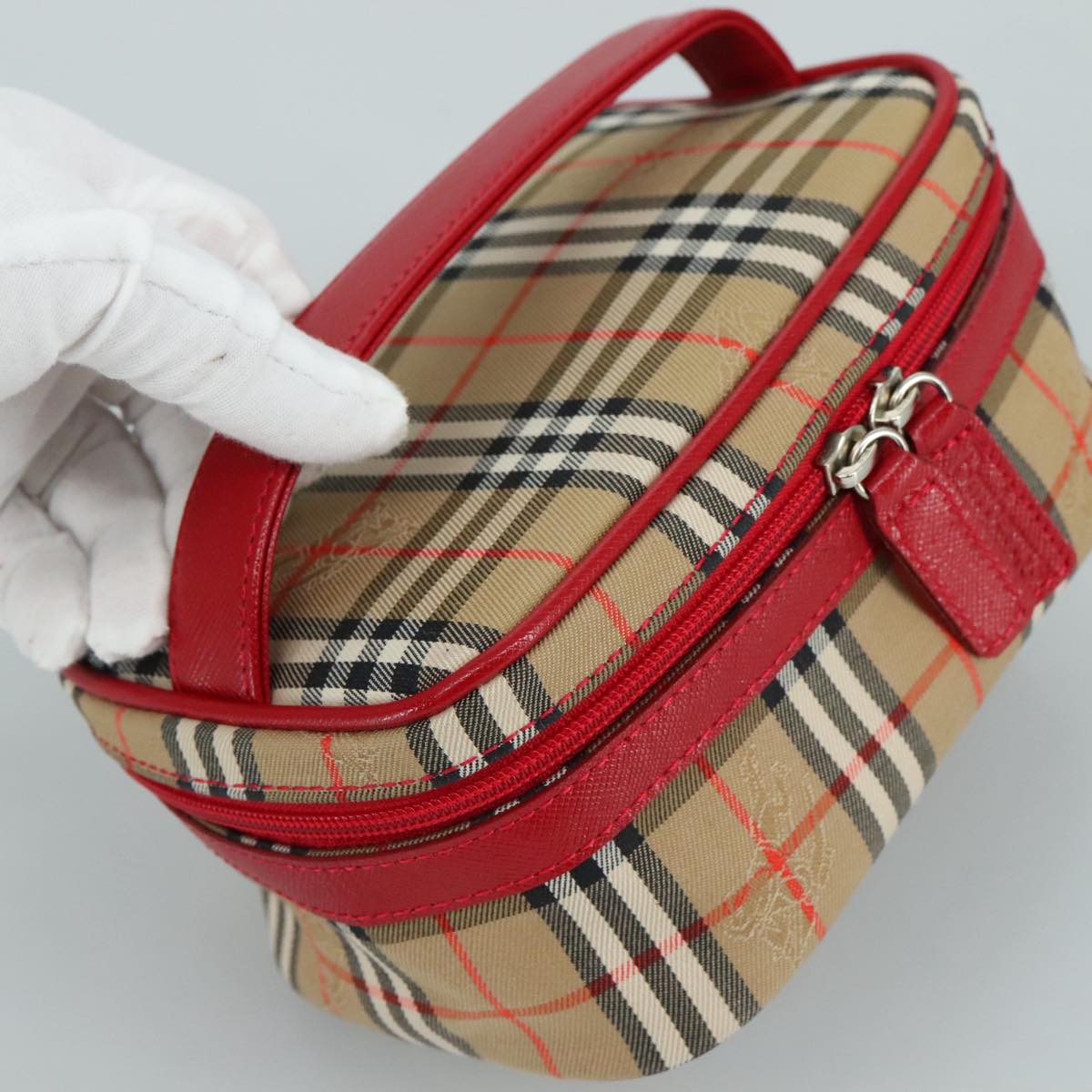 Burberrys Nova Check Hand Bag Canvas Leather Beige Red Silver Auth 105641V