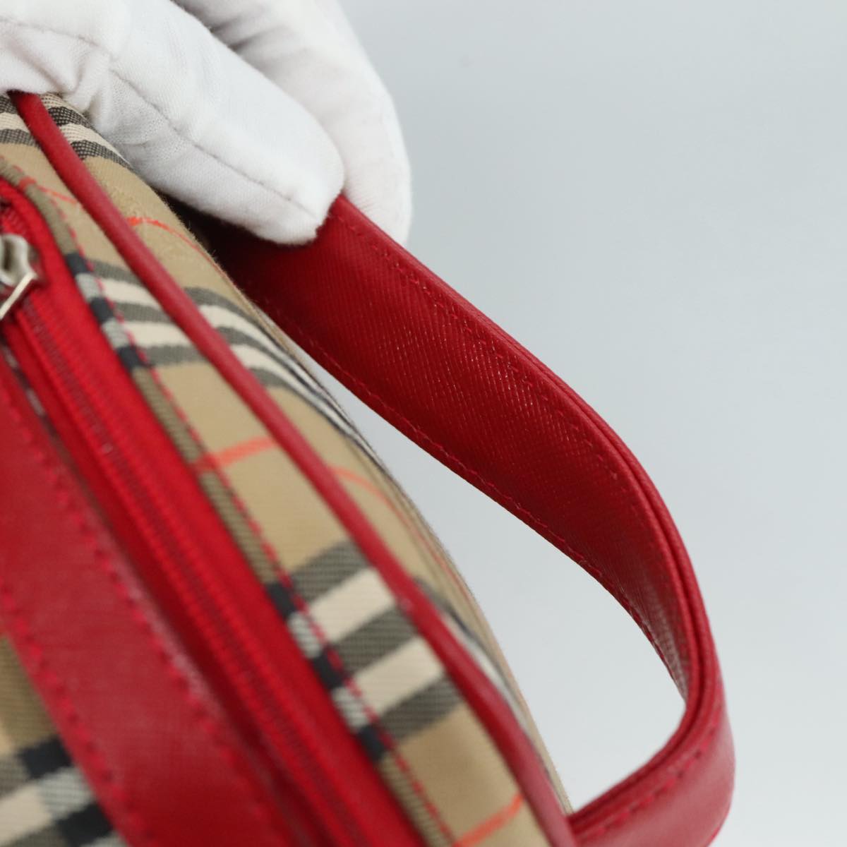 Burberrys Nova Check Hand Bag Canvas Leather Beige Red Silver Auth 105641V