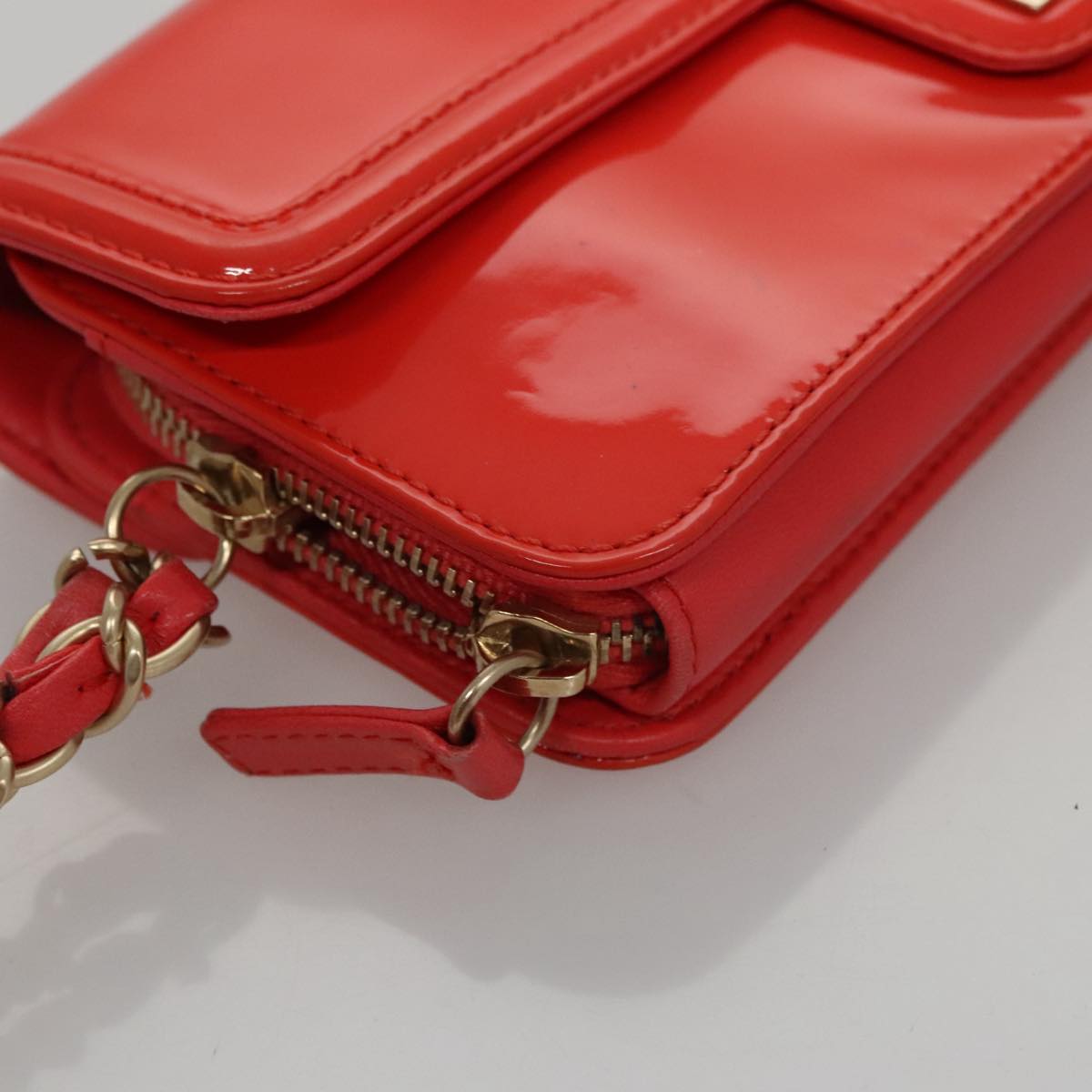 CHANEL Chain Second Bag Patent Leather Red Silver CC Auth 105697