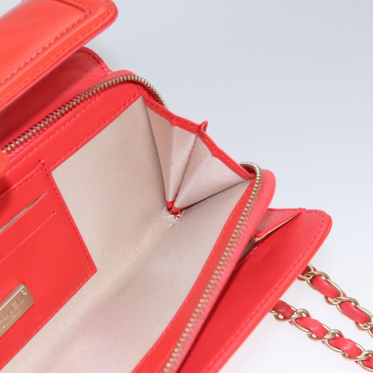 CHANEL Chain Second Bag Patent Leather Red Silver CC Auth 105697