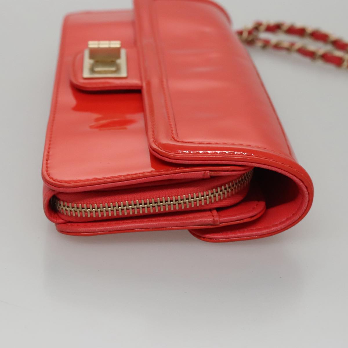 CHANEL Chain Second Bag Patent Leather Red Silver CC Auth 105697
