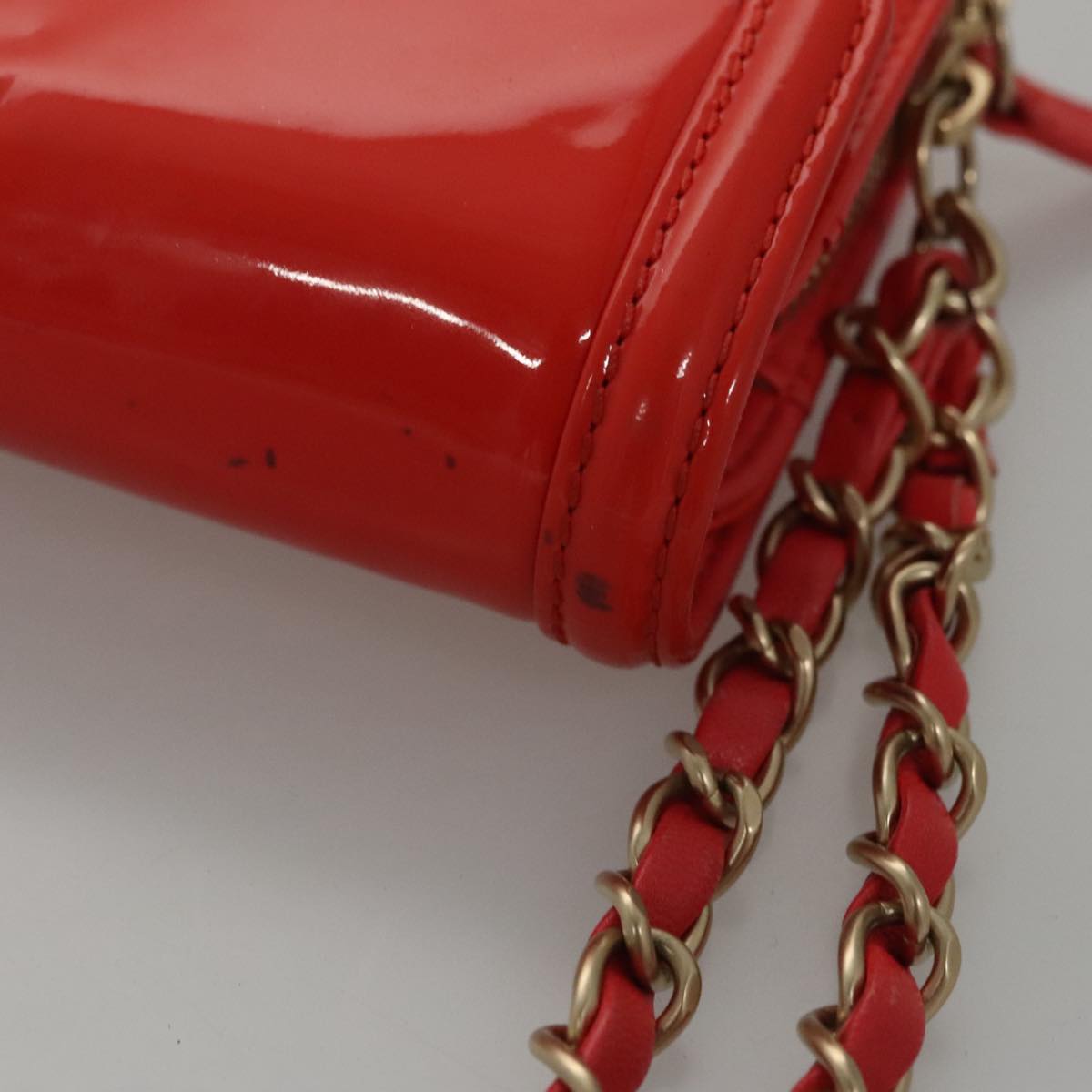 CHANEL Chain Second Bag Patent Leather Red Silver CC Auth 105697