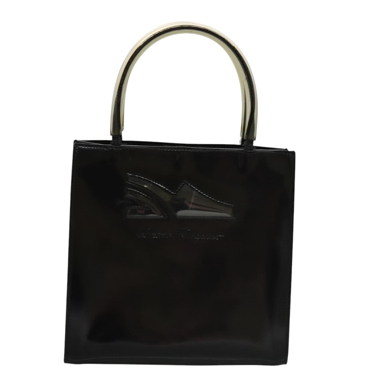 Salvatore Ferragamo Hand Bag Patent Leather Black Gold Auth 105756