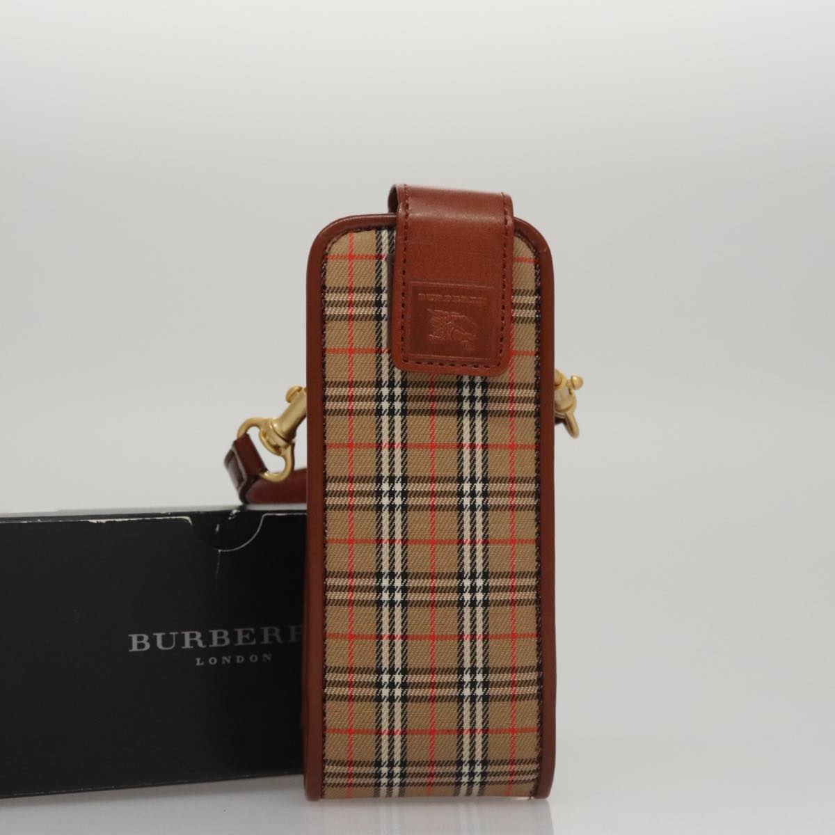 BURBERRY Nova Check Mini Pouch Canvas Leather Beige Brown Gold Auth 105793