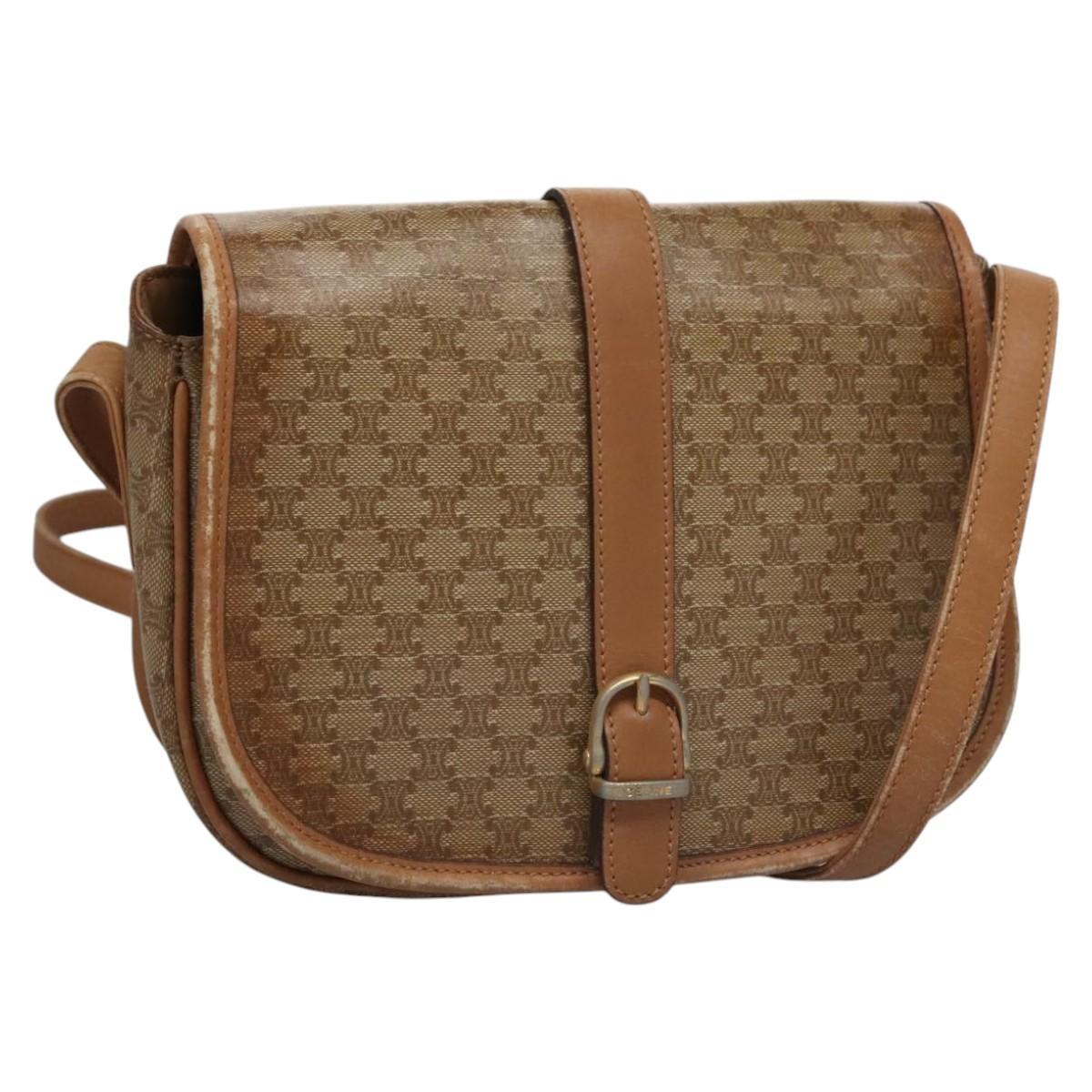 CELINE Macadam Canvas Shoulder Bag Beige Auth 105935