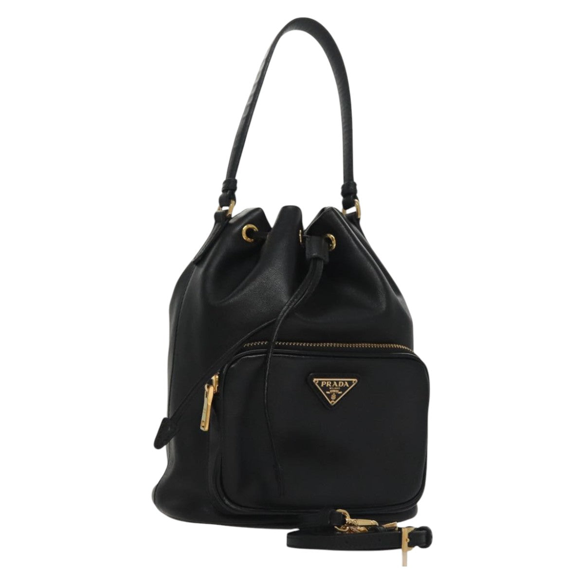 PRADA Hand Bag Leather 2way Black Gold Auth 106451AV