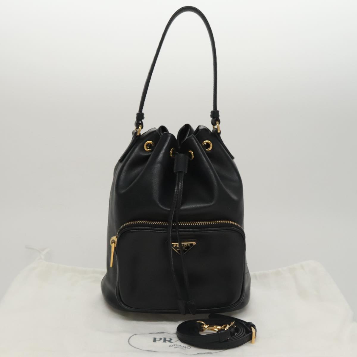PRADA Hand Bag Leather 2way Black Gold Auth 106451AV