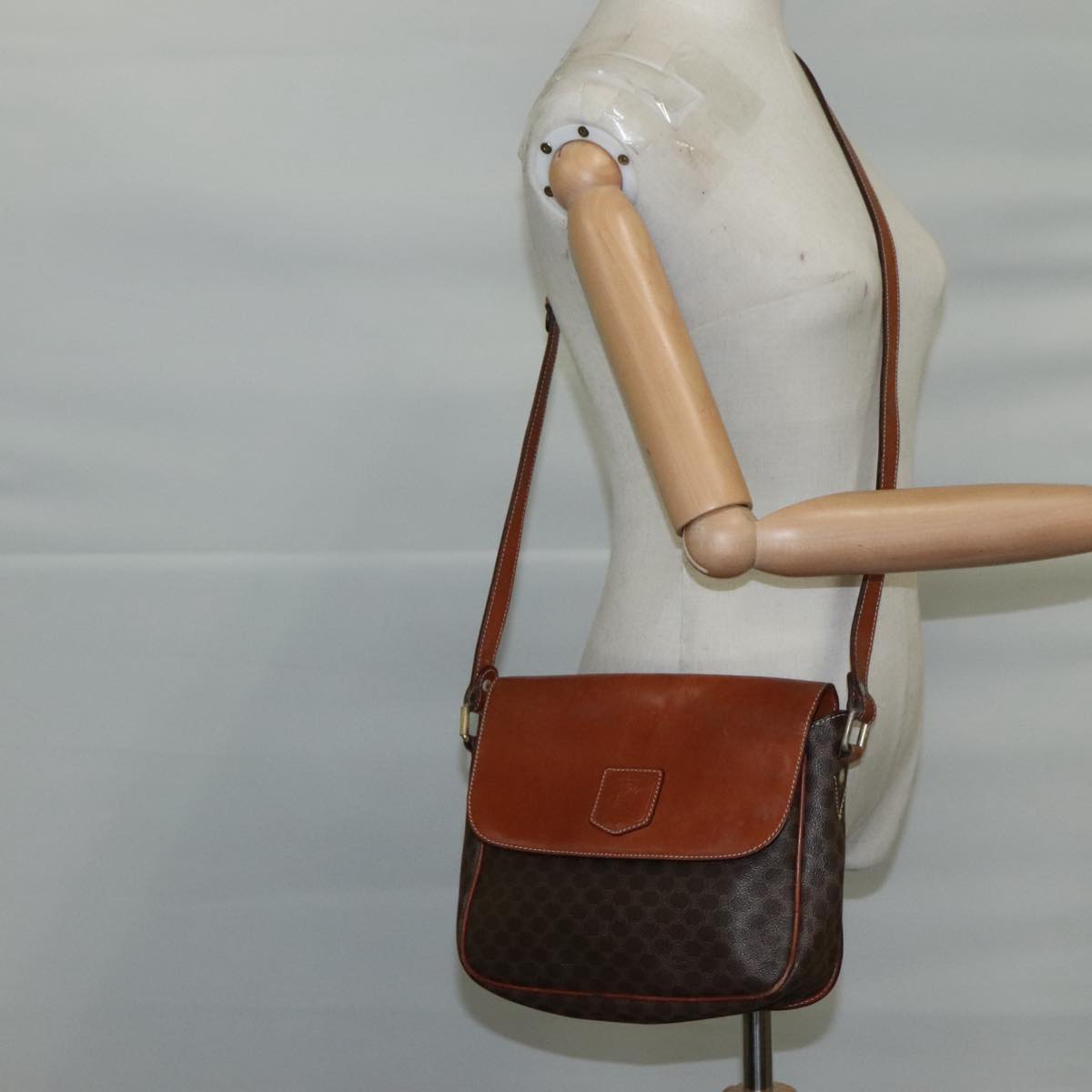 CELINE Macadam Canvas Shoulder Bag PVC Leather Brown Gold Auth 106514