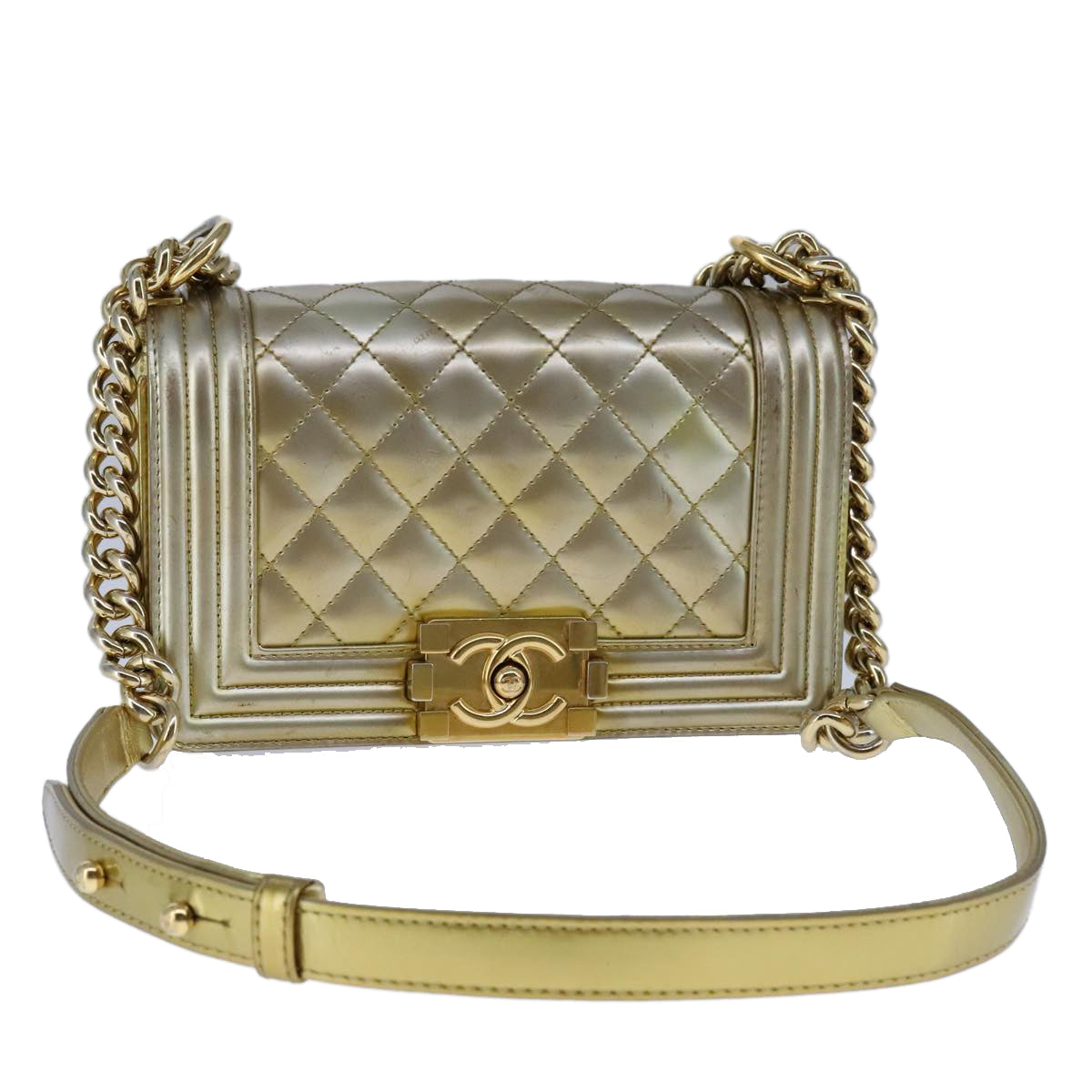 CHANEL Matelasse Chain Boy Chanel Shoulder Bag Patent Gold CC Auth 106721SAM