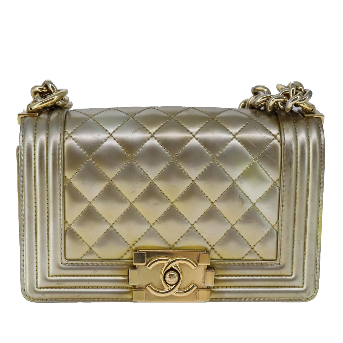 CHANEL Matelasse Chain Boy Chanel Shoulder Bag Patent Gold CC Auth 106721SAM