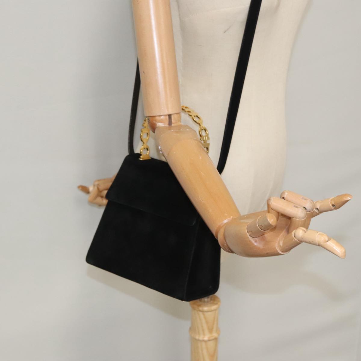 Salvatore Ferragamo Hand Bag Suede 2way Black Gold Auth 107495