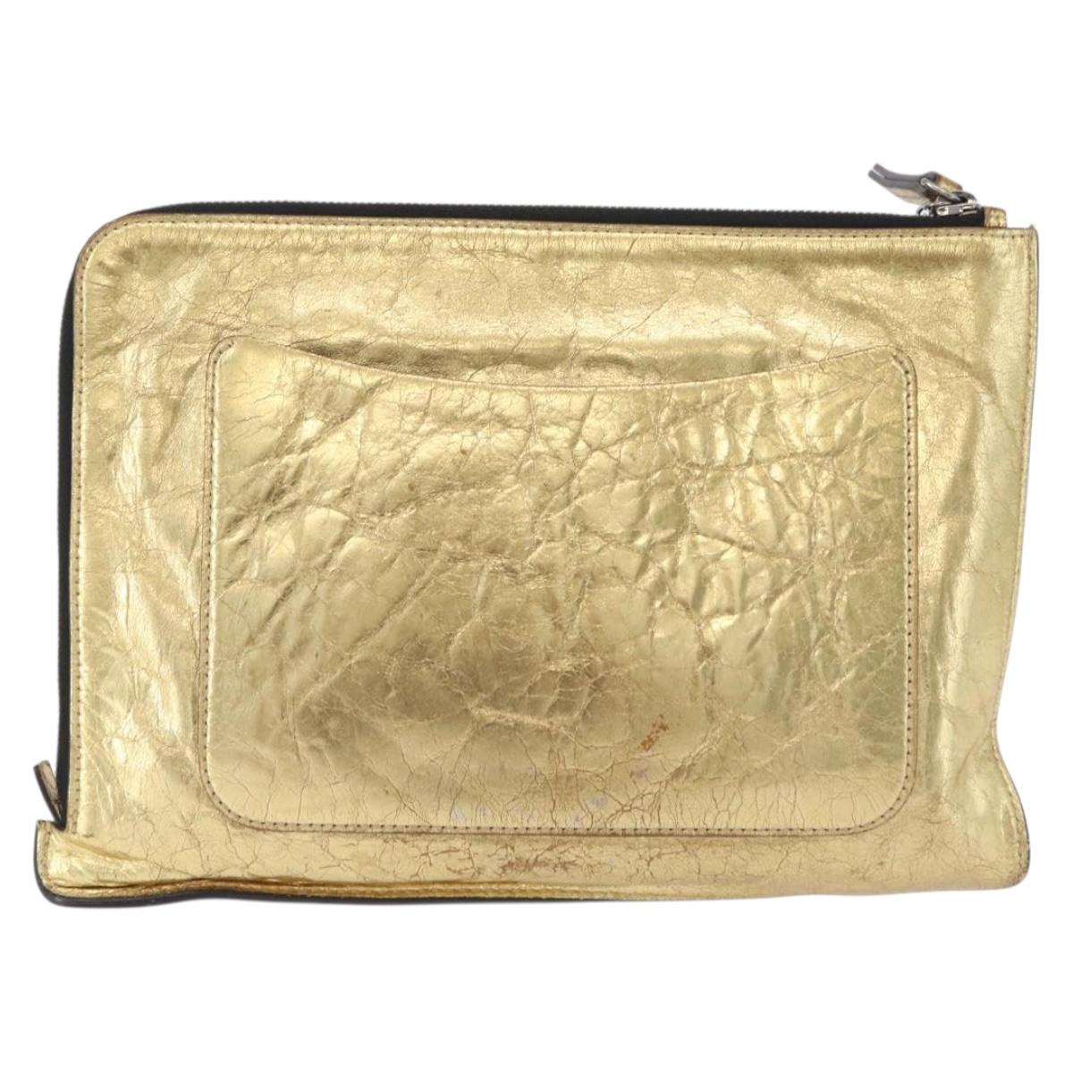 CHANEL Clutch Bag Leather Gold CC Auth 107504