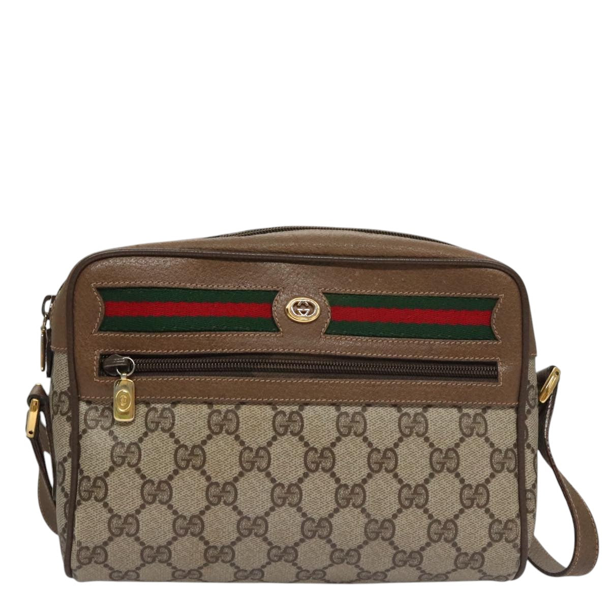 GUCCI GG Supreme Web Sherry Line Shoulder Bag PVC Beige Green Red Auth 107529