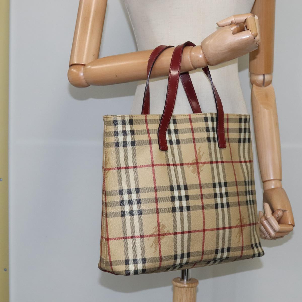 BURBERRY Nova Check Hand Bag PVC Leather Beige Auth 107545