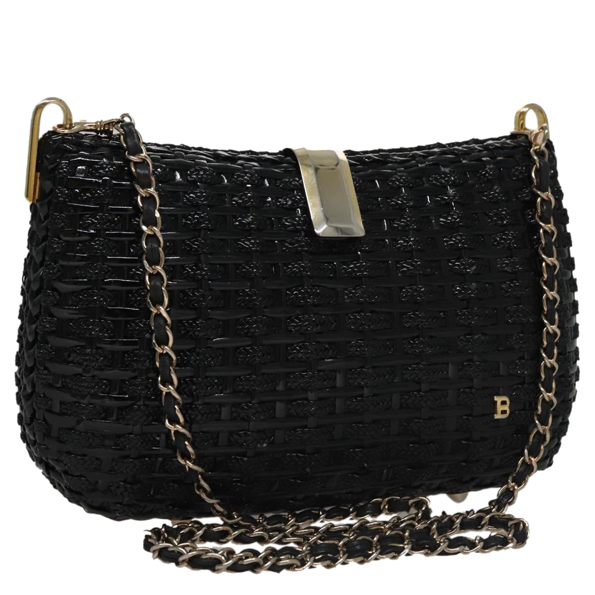 BALLY Chain Shoulder Bag Straw Black Gold Auth 107600