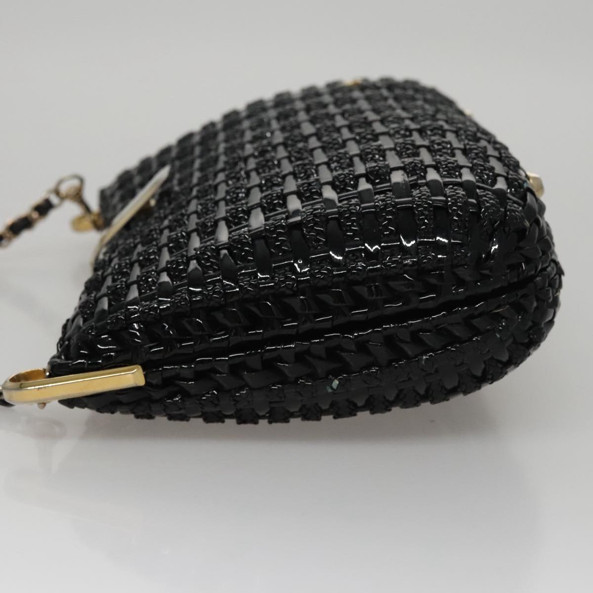 BALLY Chain Shoulder Bag Straw Black Gold Auth 107600