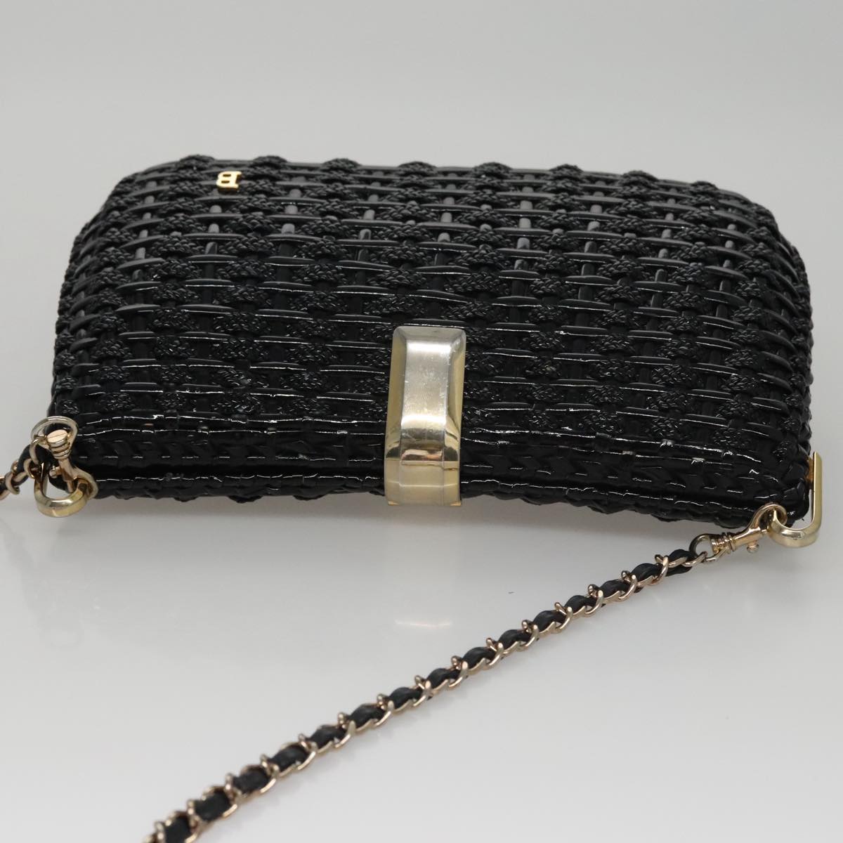 BALLY Chain Shoulder Bag Straw Black Gold Auth 107600