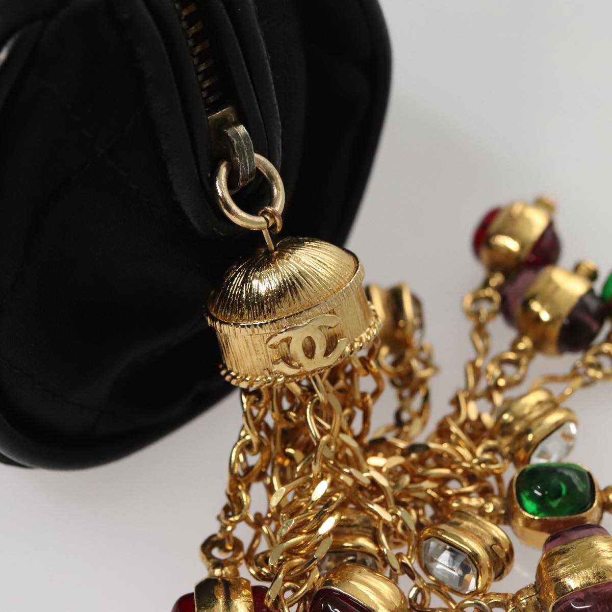 CHANEL Matelasse Pouch Nylon Black Gold CC Auth 107851