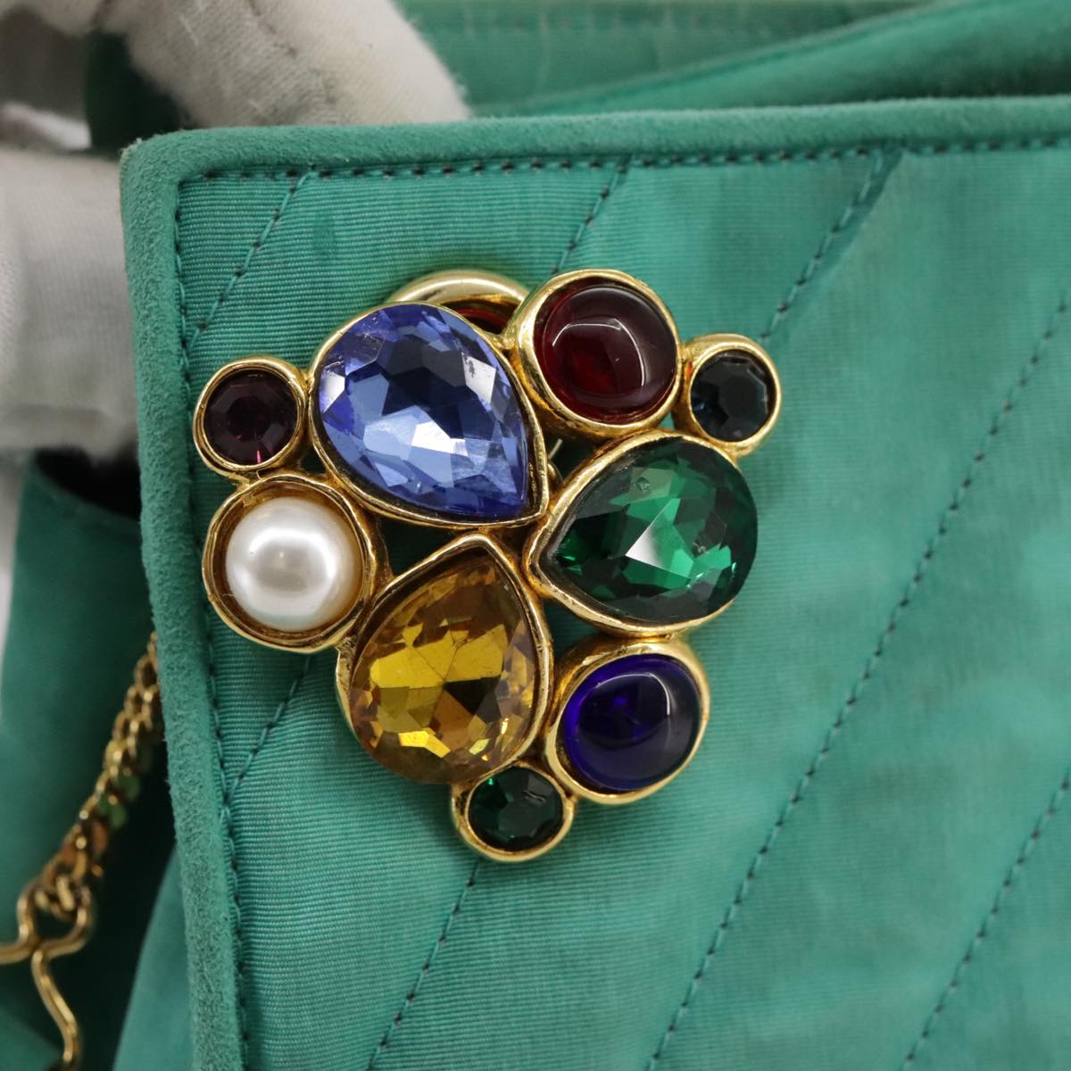 CHANEL V stitch Shoulder Bag Nylon Green Gold CC Auth 107879