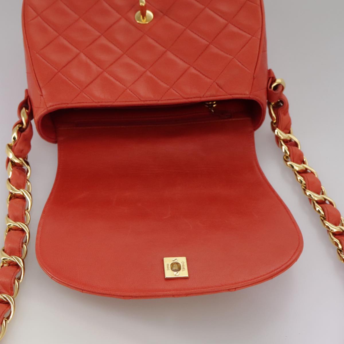 CHANEL Matelasse Chain Shoulder Bag Lamb Skin Orange Gold CC Auth 107881AV