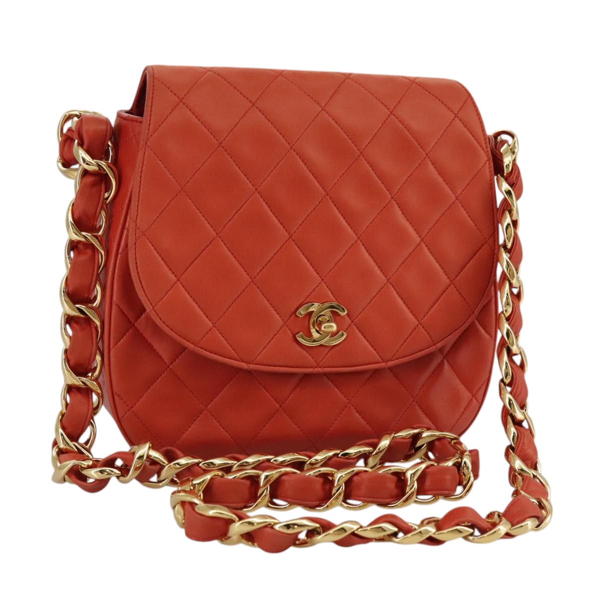 CHANEL Matelasse Chain Shoulder Bag Lamb Skin Orange Gold CC Auth 107881SAV