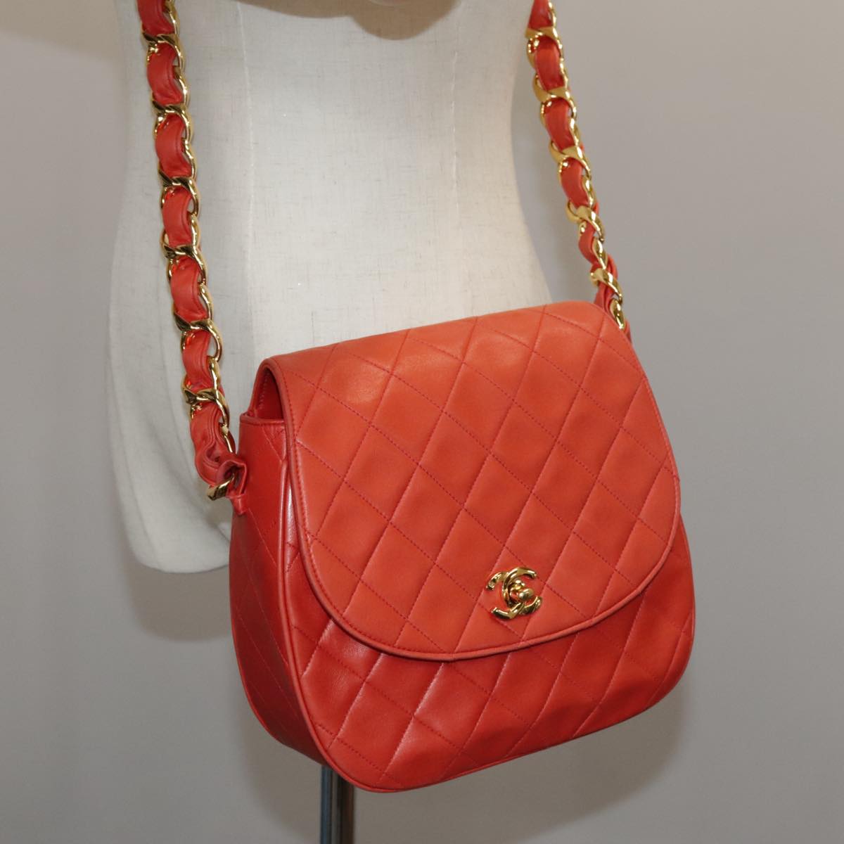 CHANEL Matelasse Chain Shoulder Bag Lamb Skin Orange Gold CC Auth 107881AV