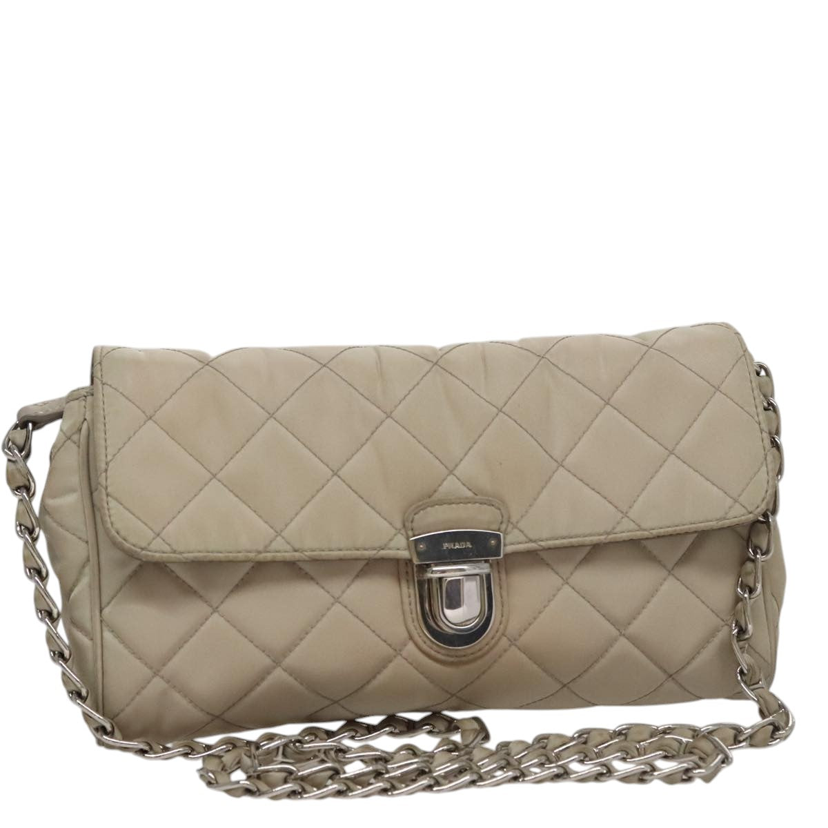 PRADA Quilted Chain Shoulder Bag Nylon Beige Silver Auth 107929