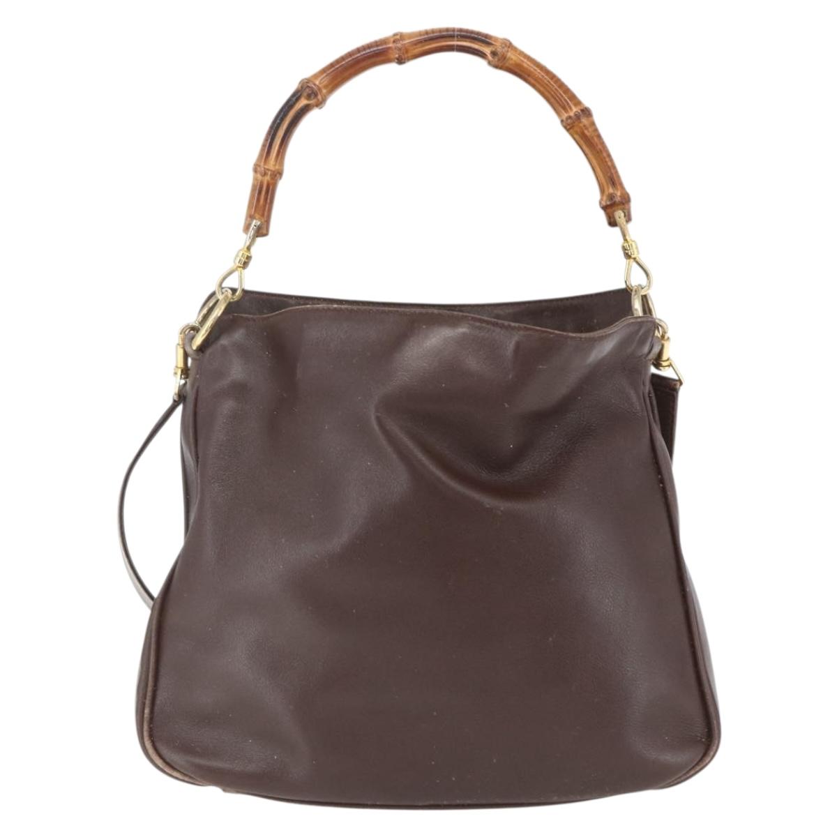 GUCCI Bamboo Hand Bag Leather 2way Brown Gold Auth 107937