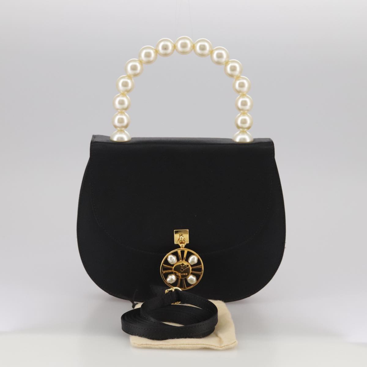 CELINE Hand Bag Satin 2way Black Auth 107980SM