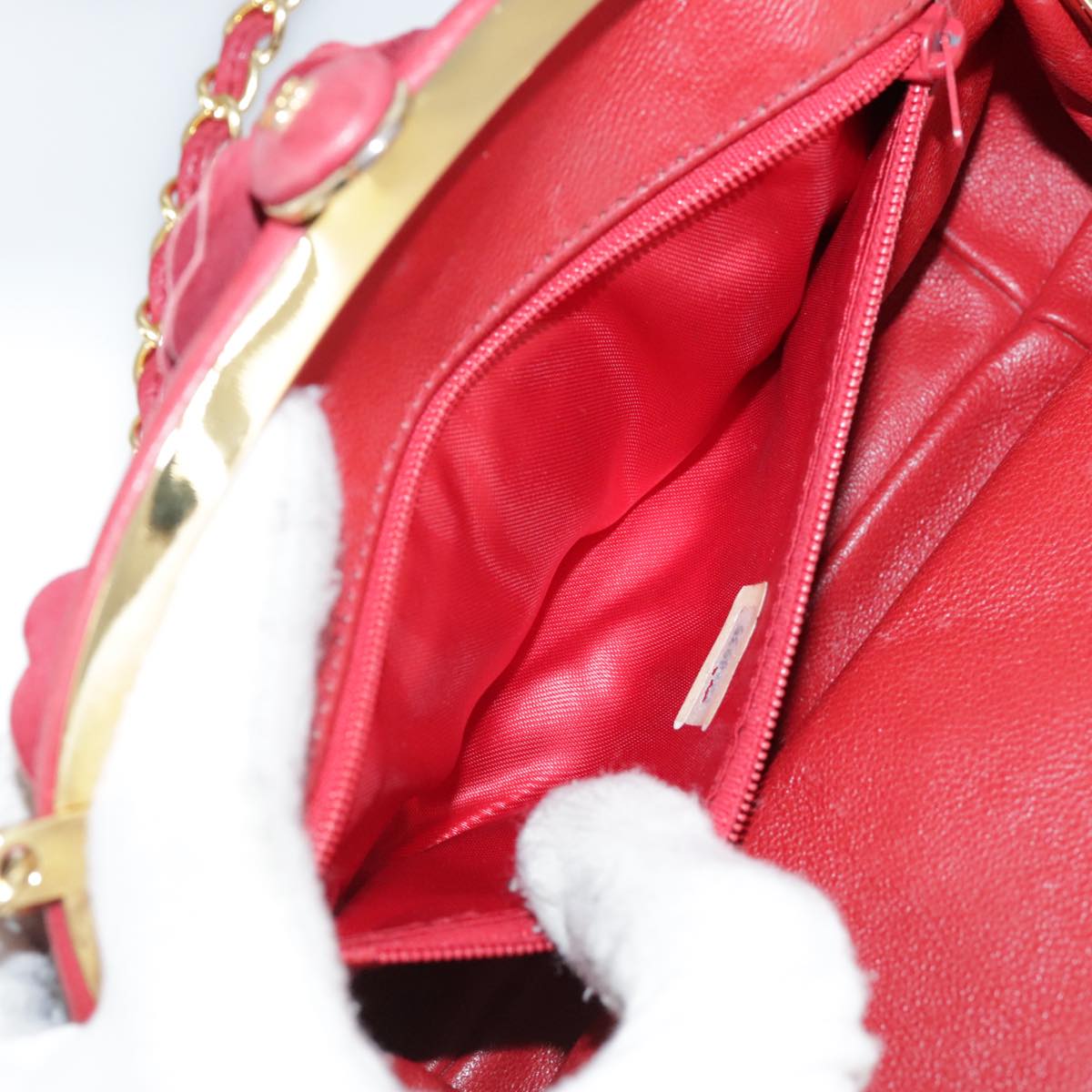 CHANEL Chain Flower Shoulder Bag Leather Red Gold CC Auth 107981