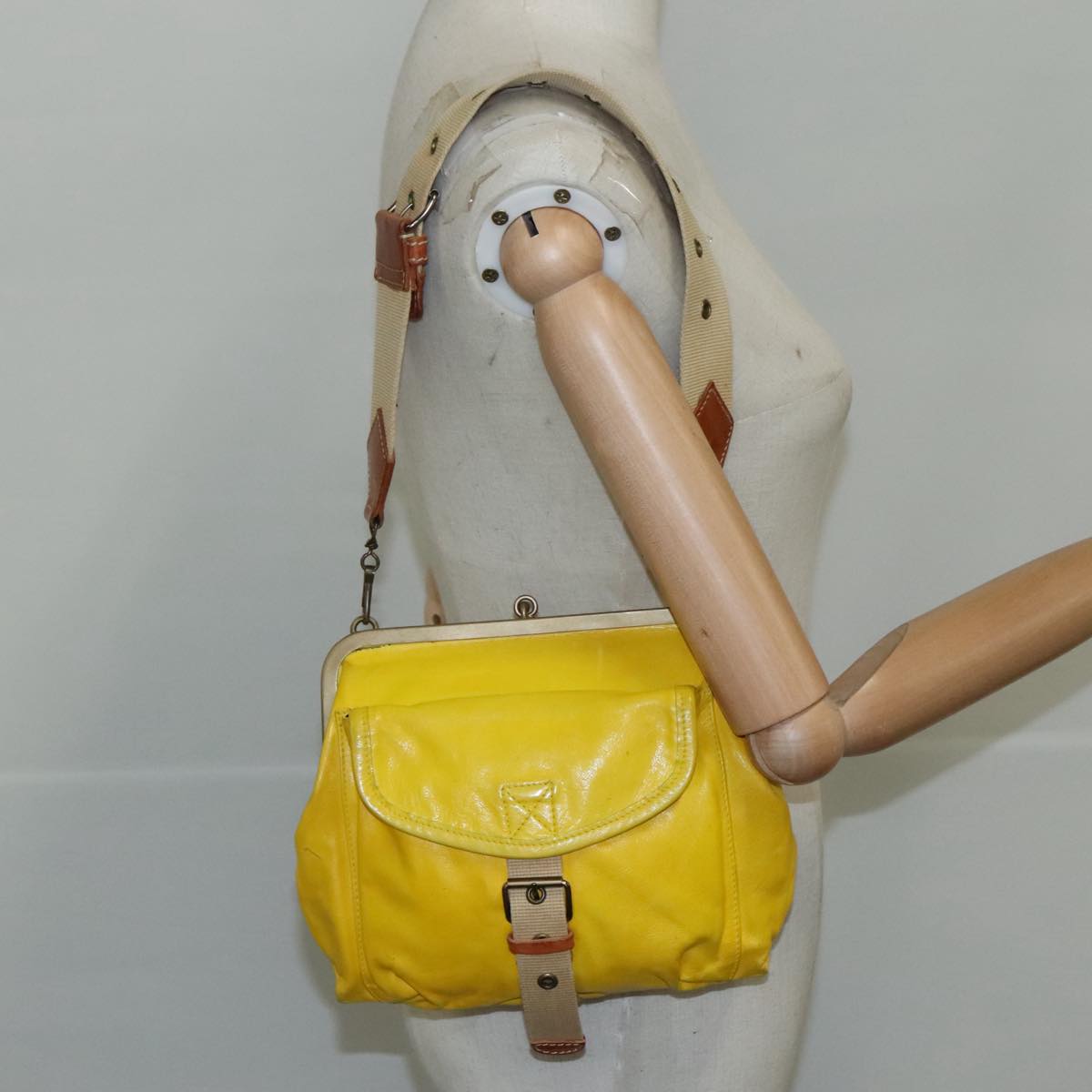 Miu Miu Shoulder Bag Leather Canvas Yellow Beige Auth 108027