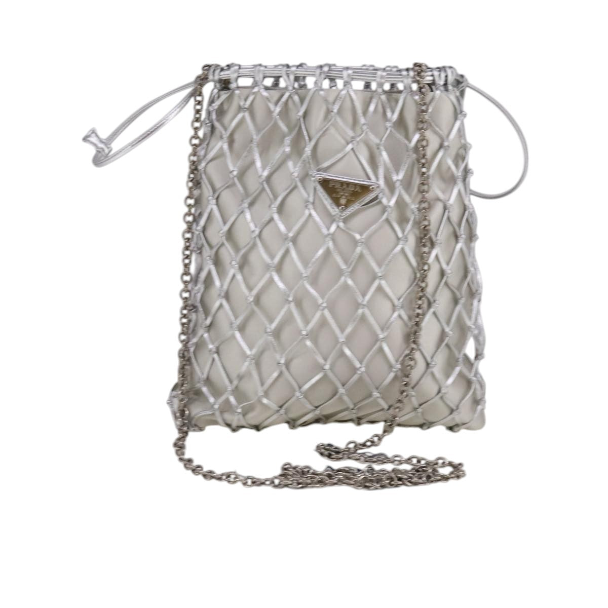 PRADA Chain Shoulder Bag Satin Silver Auth 108034SAV
