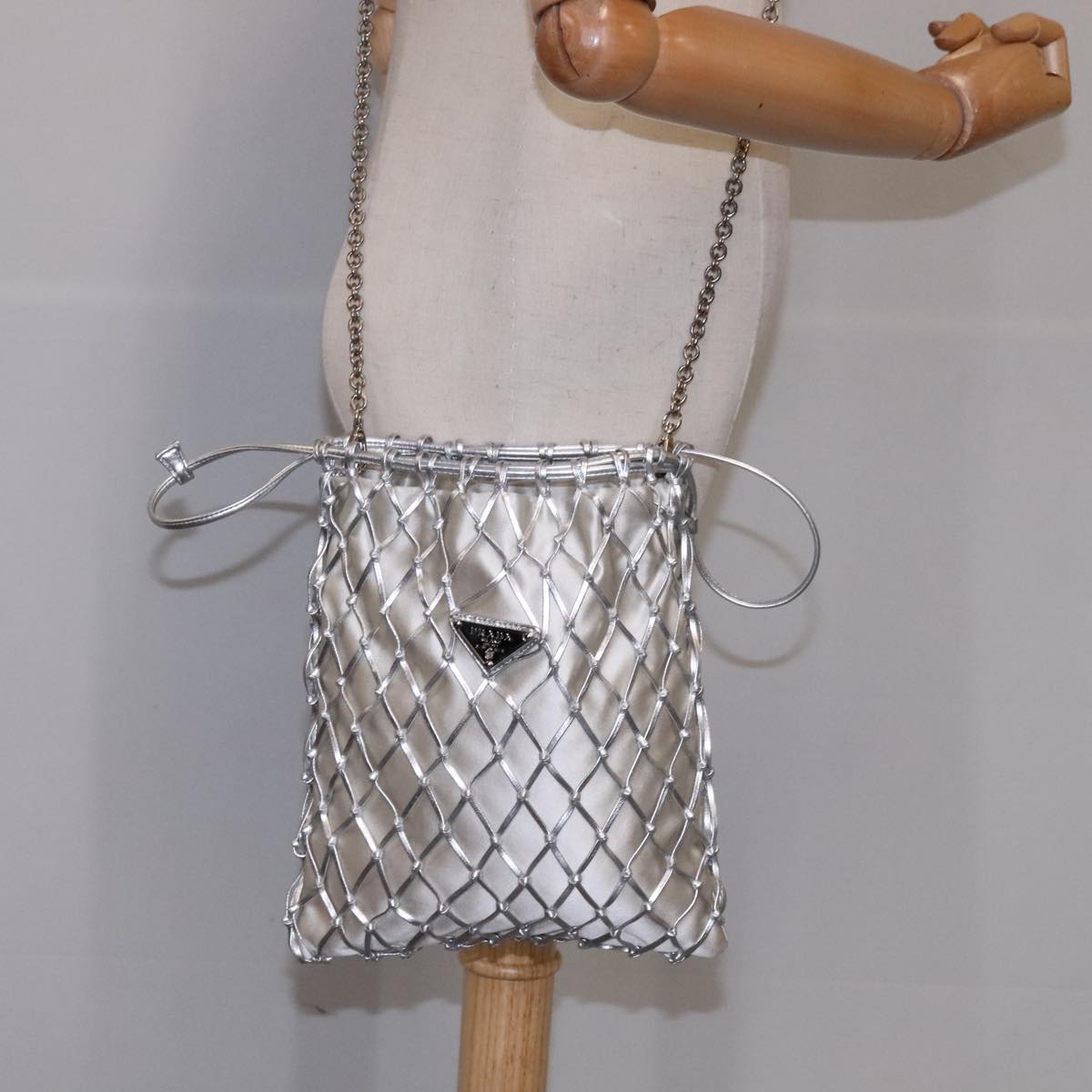 PRADA Chain Shoulder Bag Satin Silver Auth 108034SAV