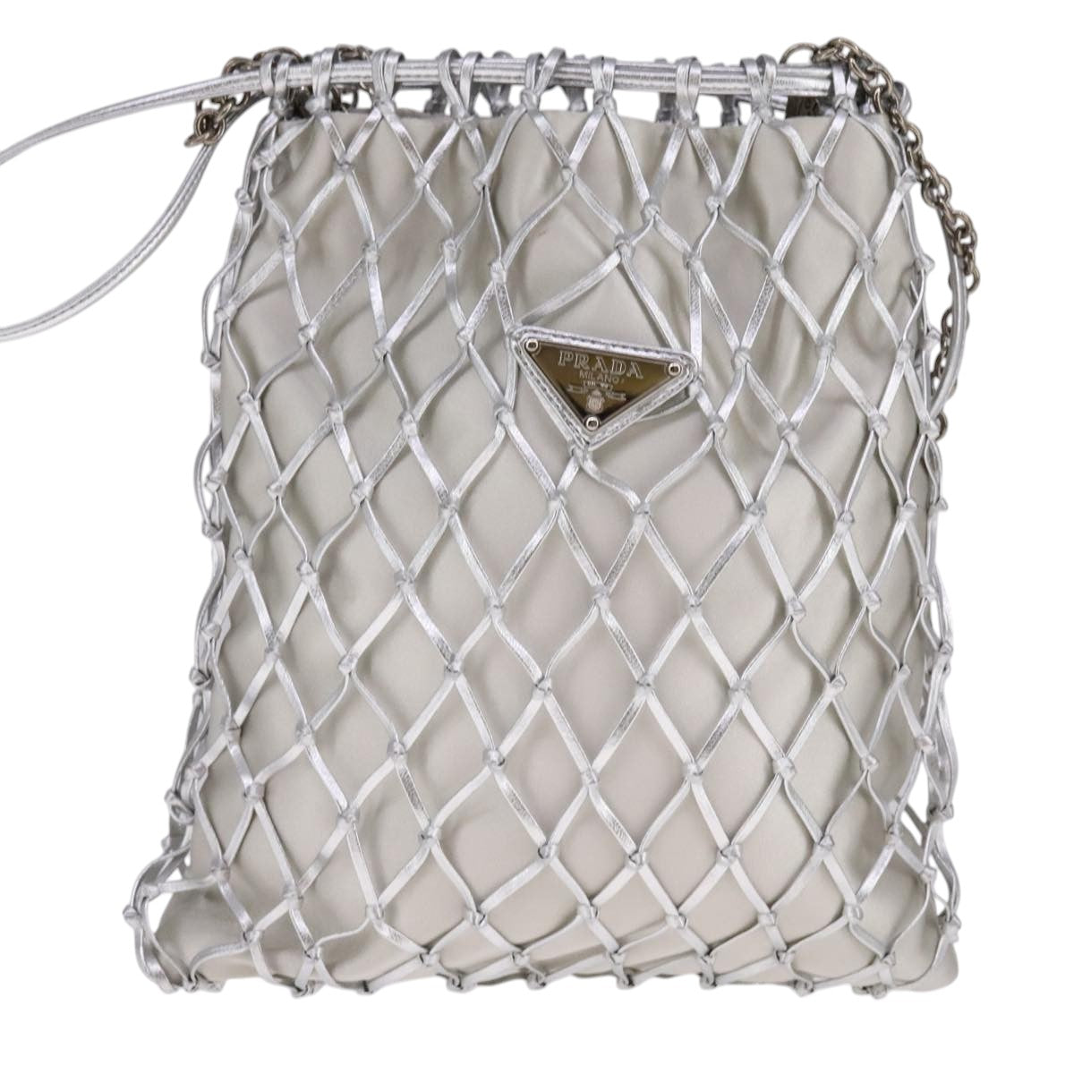 PRADA Chain Shoulder Bag Satin Silver Auth 108034AV