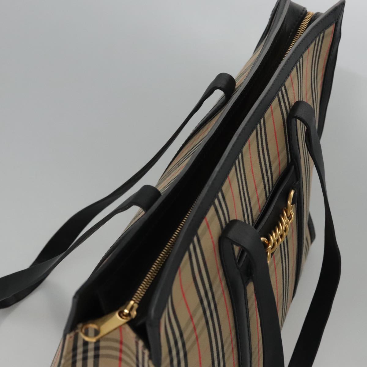 BURBERRY Nova Check Tote Bag Canvas Leather Beige Black gold Auth 108059