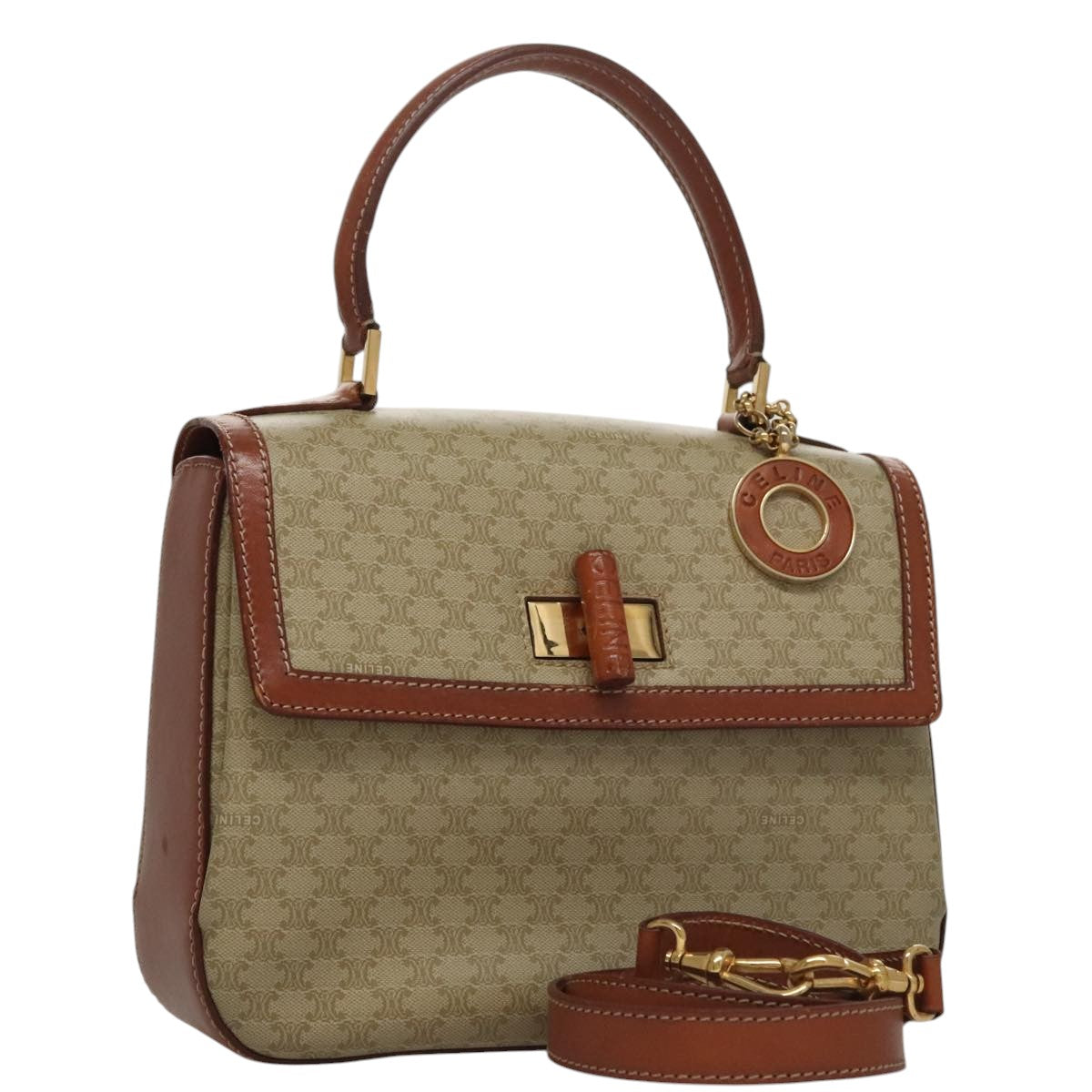 CELINE Macadam Canvas Hand Bag 2way Beige Gold Auth 108125