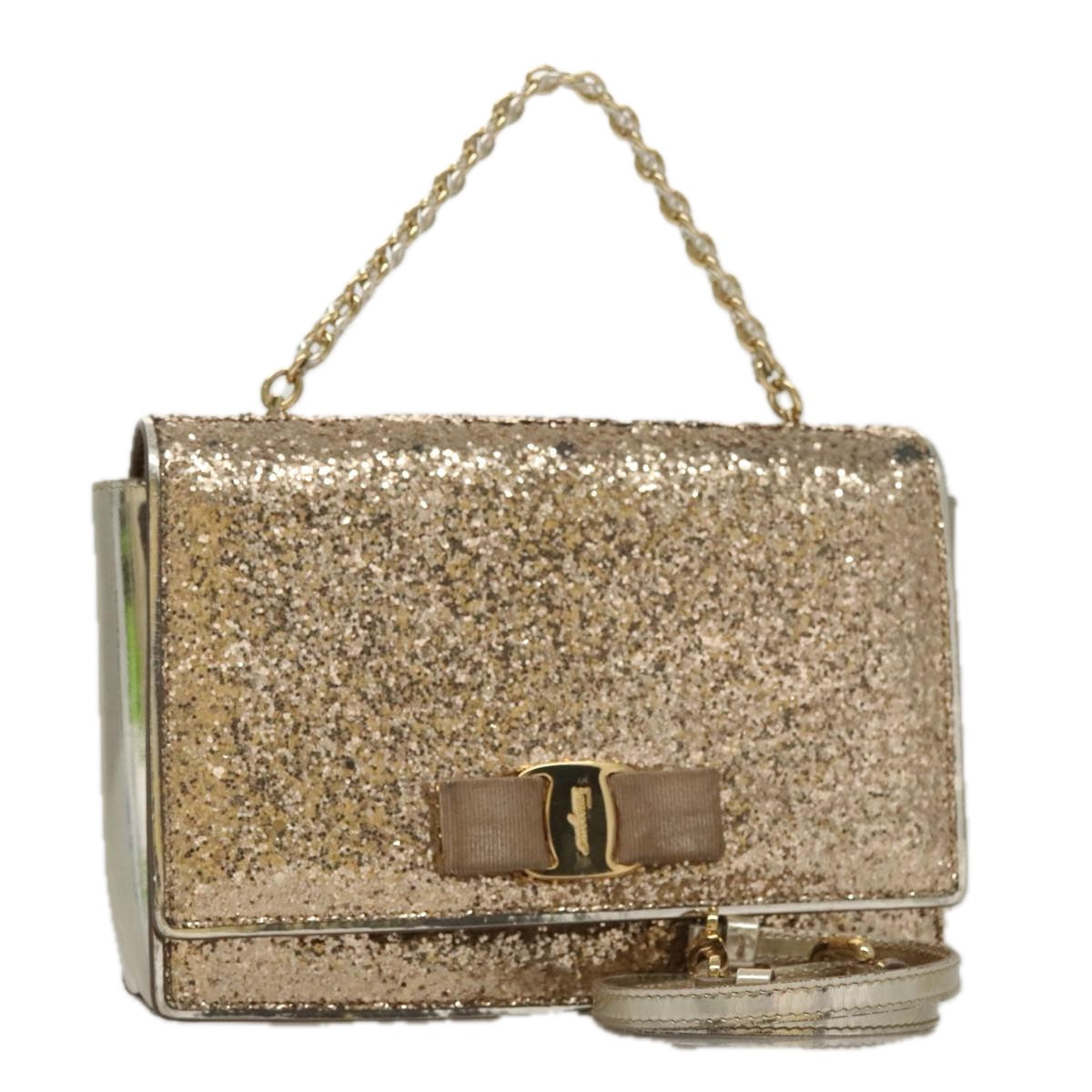 Salvatore Ferragamo Shoulder Bag Sequin 2way Gold Auth 108329
