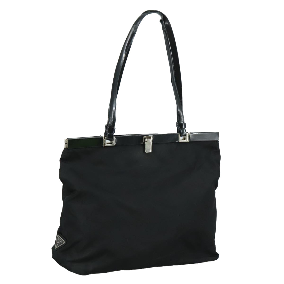 PRADA Hand Bag Nylon Leather Black Silver Auth 108371