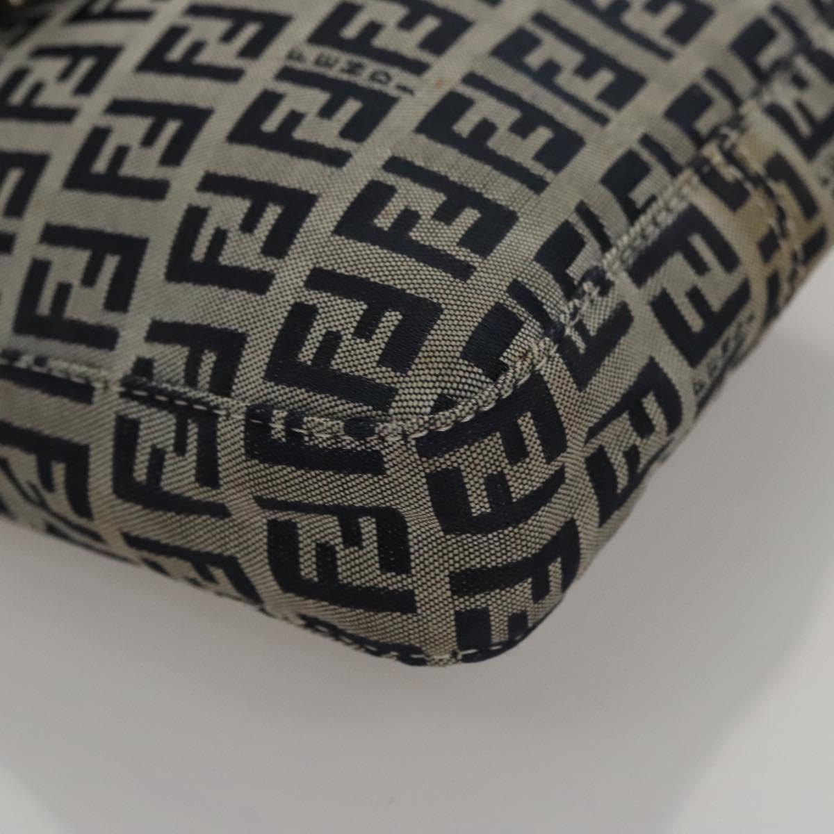 FENDI Zucchino Canvas Hand Bag Navy Silver Auth 108378V