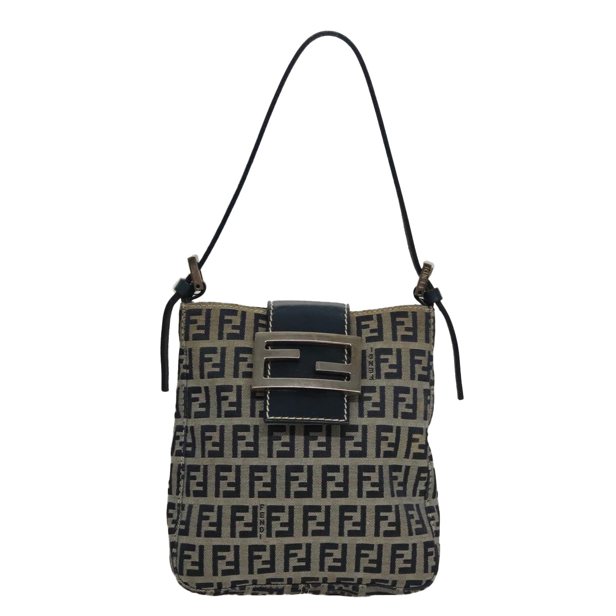 FENDI Zucchino Canvas Hand Bag Navy Silver Auth 108378V