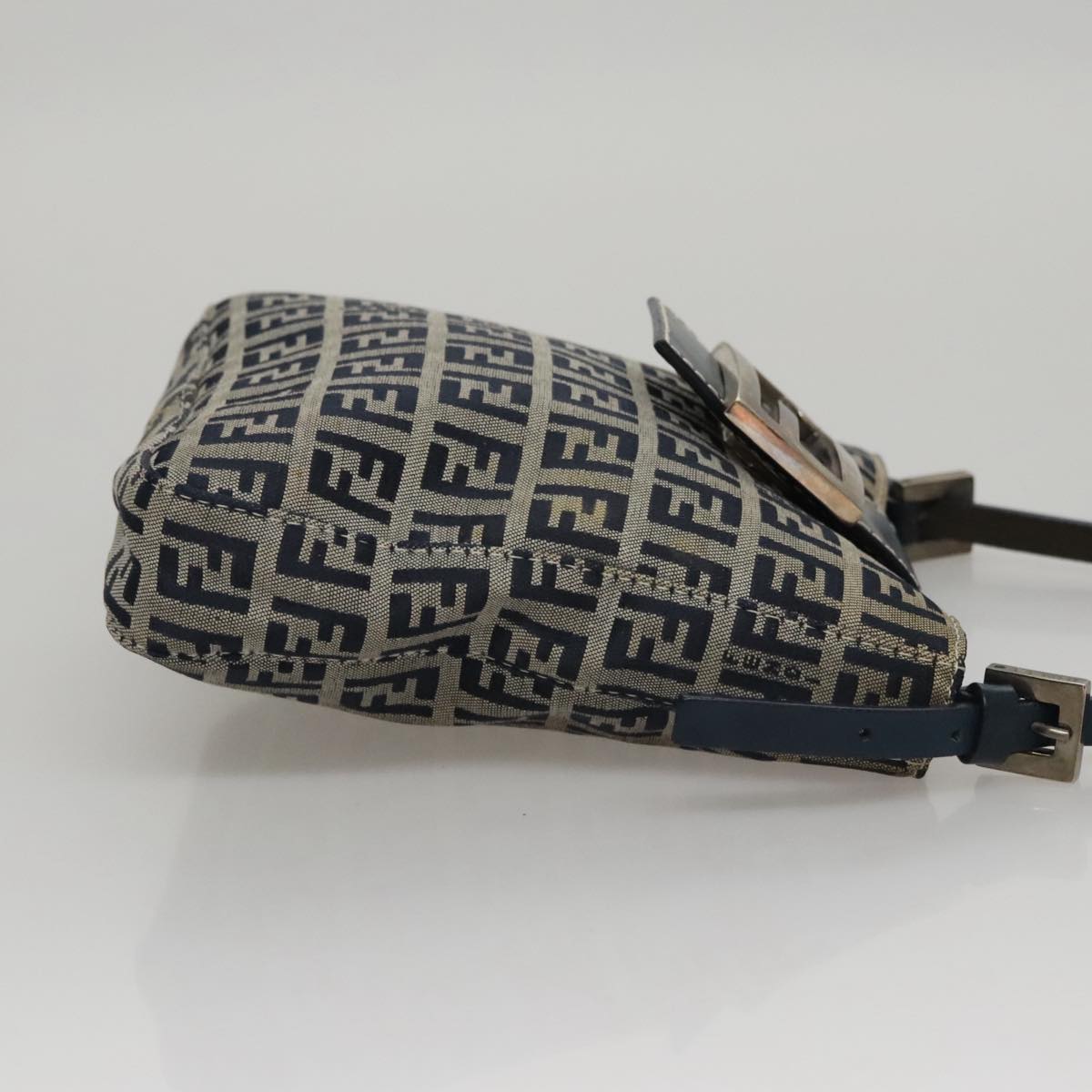 FENDI Zucchino Canvas Hand Bag Navy Silver Auth 108378V
