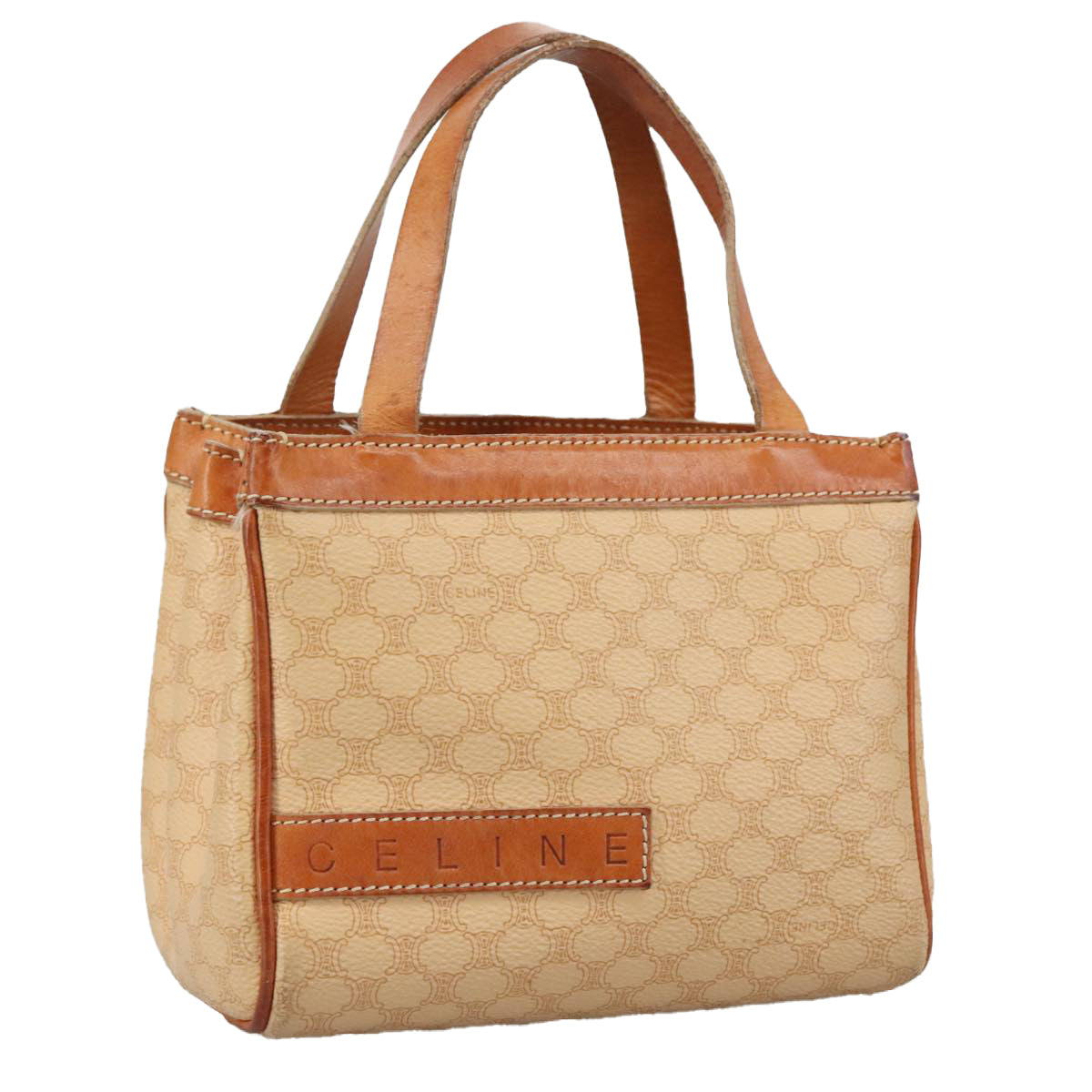 CELINE Macadam Canvas Hand Bag PVC Leather Beige Brown gold Auth 108393