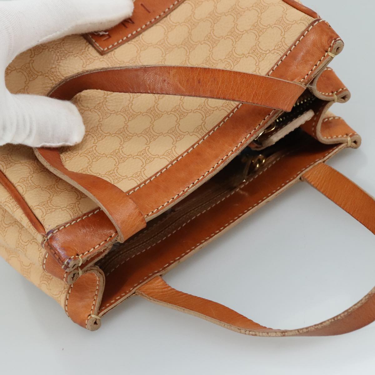 CELINE Macadam Canvas Hand Bag PVC Leather Beige Brown gold Auth 108393